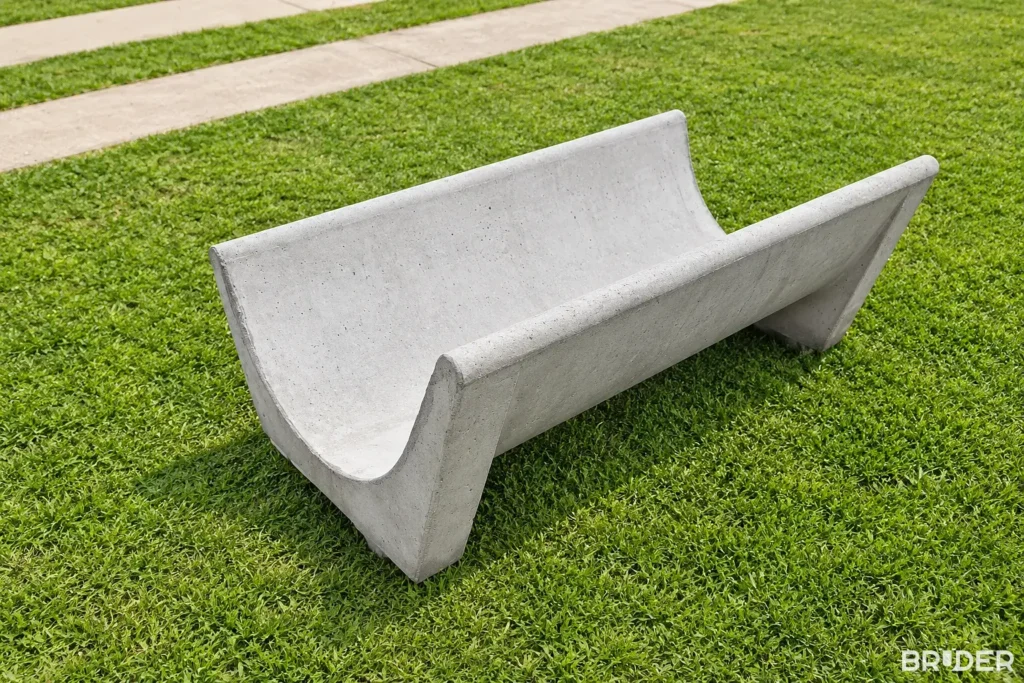 Cocho de concreto tipo J para ração, sobre gramado