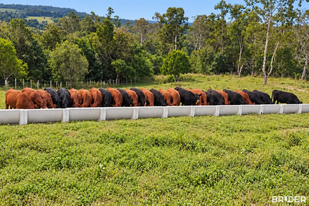 Gado ao fundo de uma fileira de cochos de concreto no campo