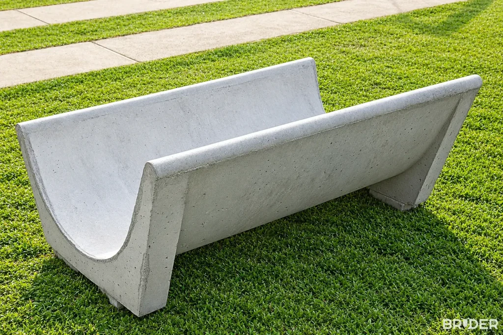 Cocho de concreto tipo J em perspectiva, sobre gramado