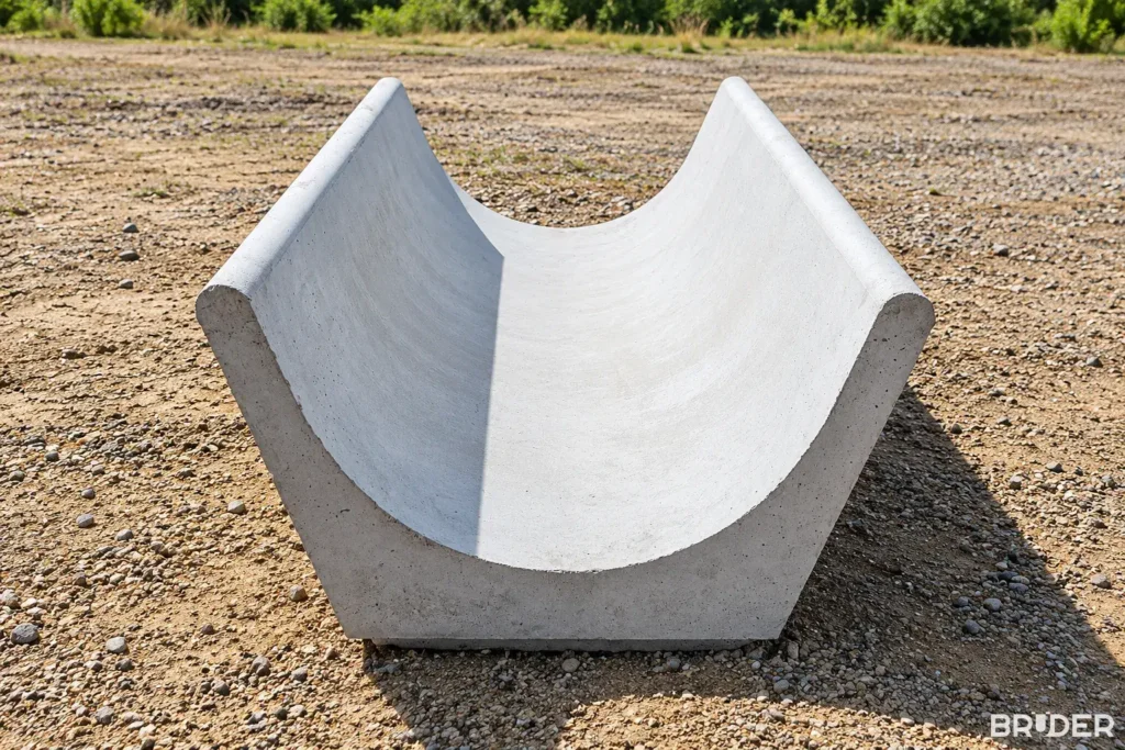 Cocho de concreto tipo U visto de frente, com o perfil arredondado