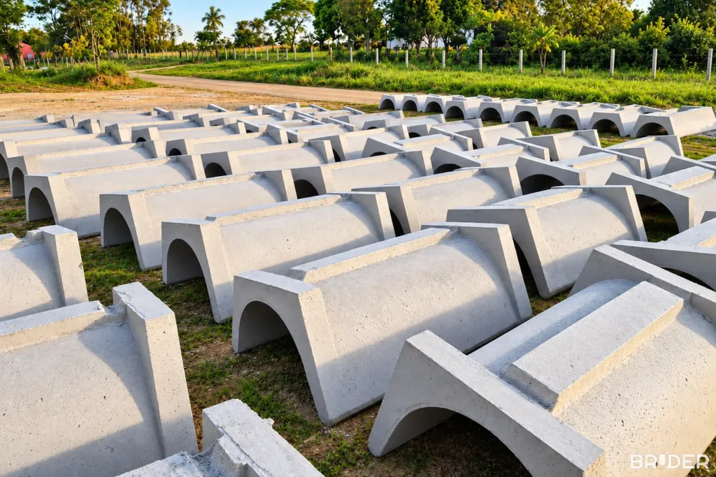 Cochos de concreto prontos no pátio de fabricação