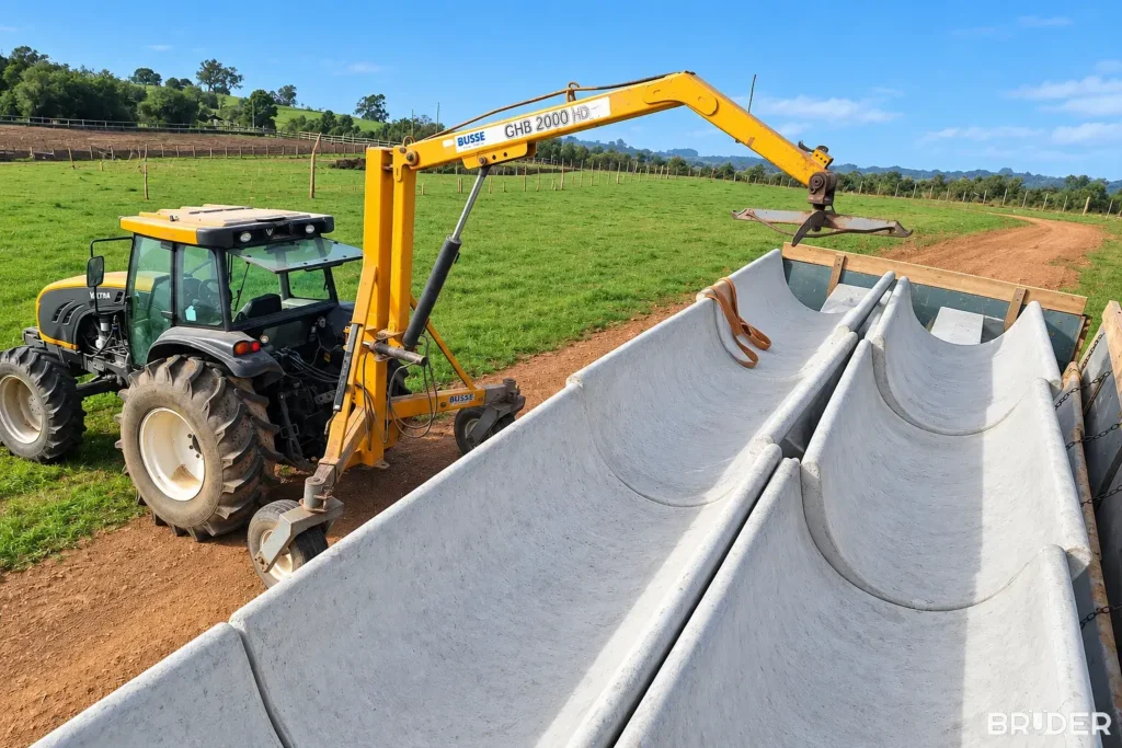 Instalação de cochos de concreto no campo com trator e guindaste