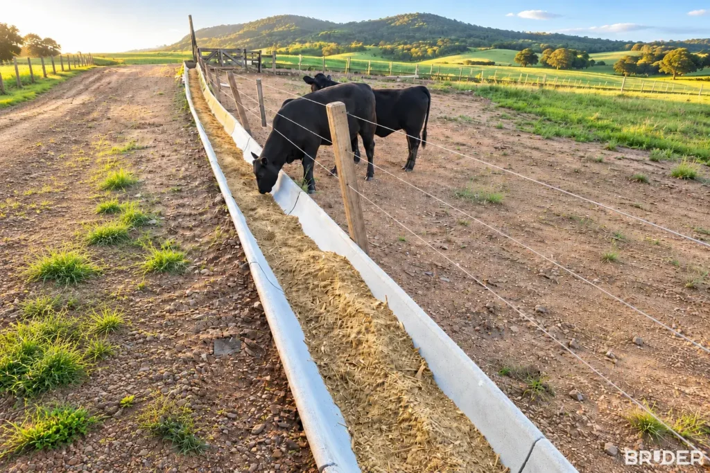 Cocho para gado em linha, com animais se alimentando