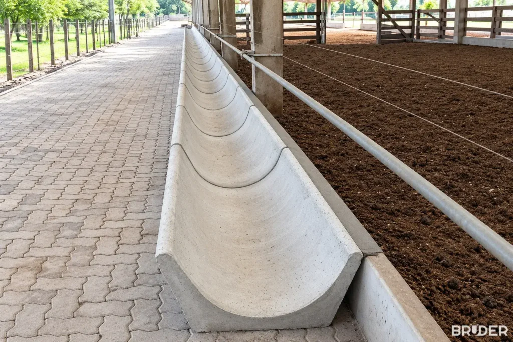 Linha de cocho de concreto pré-moldado para gado em galpão