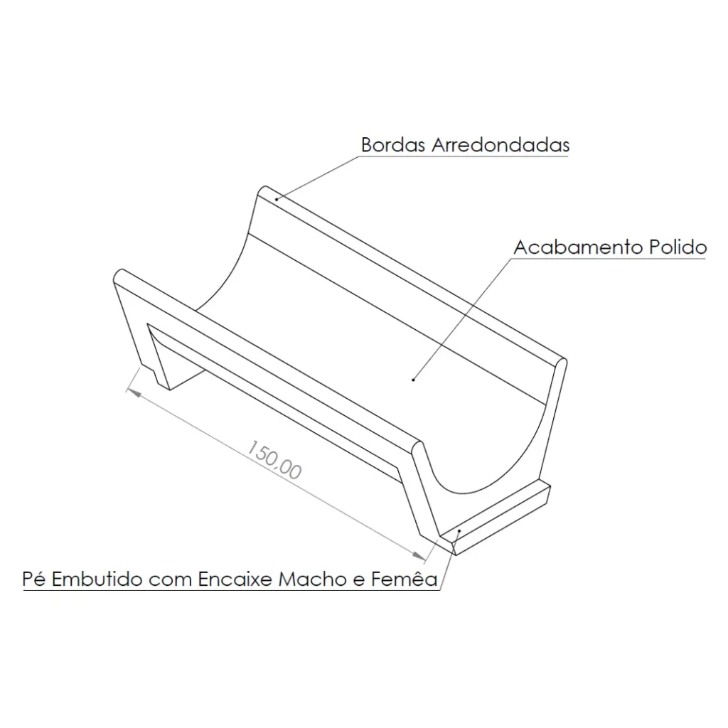 Desenho técnico em vista isométrica do Cocho Tipo U, com 150 cm de comprimento, bordas arredondadas, acabamento polido e pé embutido com encaixe macho e fêmea