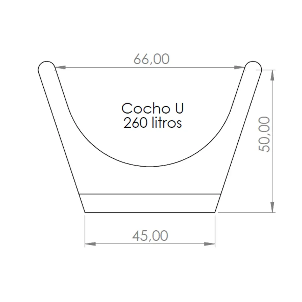 Desenho técnico do corte do Cocho Tipo U, com 66 cm de abertura, 45 cm de base, 50 cm de altura e capacidade de 260 litros