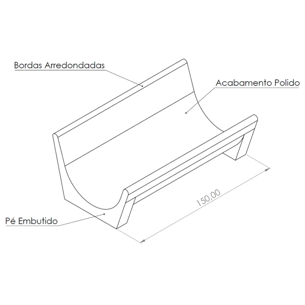 Desenho técnico em vista isométrica do Cocho Tipo J, com 150 cm de comprimento, bordas arredondadas, acabamento polido e pé embutido