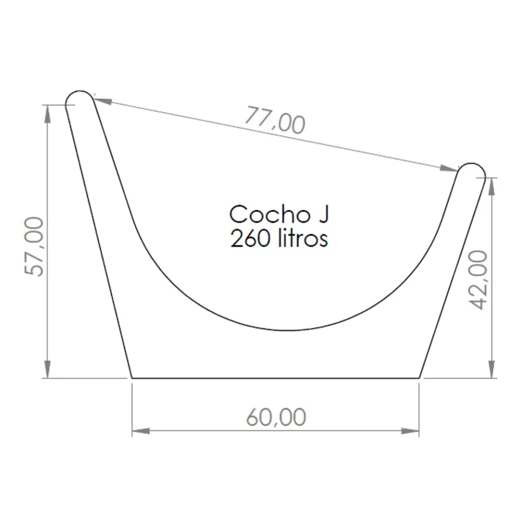 Desenho técnico do corte do Cocho Tipo J, com 77 cm de abertura, 60 cm de base, alturas de 57 cm e 42 cm e capacidade de 260 litros