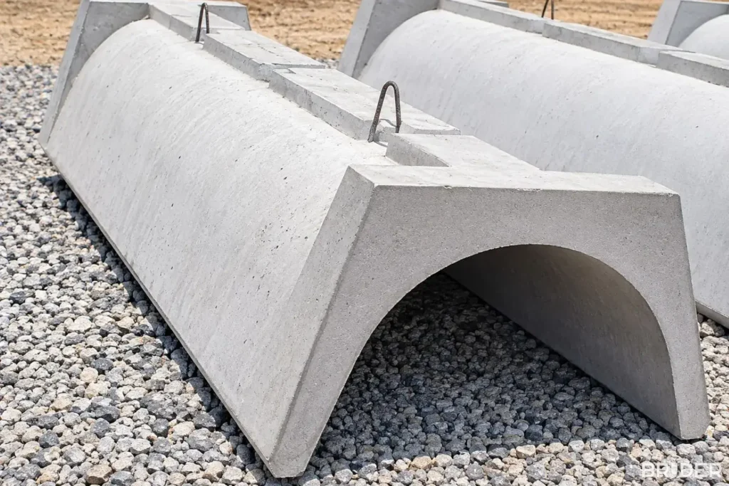 Cochos de concreto pré-moldados com pés em arco, sobre brita