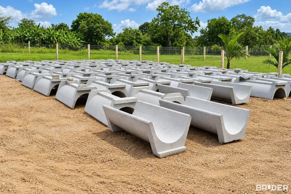 Cochos tipo U de concreto prontos, enfileirados no pátio de fabricação
